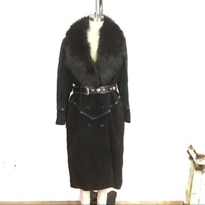 Vintage Black Suede Coat with Fur Shawl Collar XL Skijor STYLE